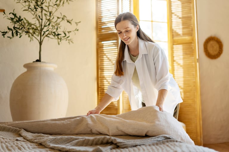 Professional housekeeper making a bed with fresh white linens for a vacation rental turnover