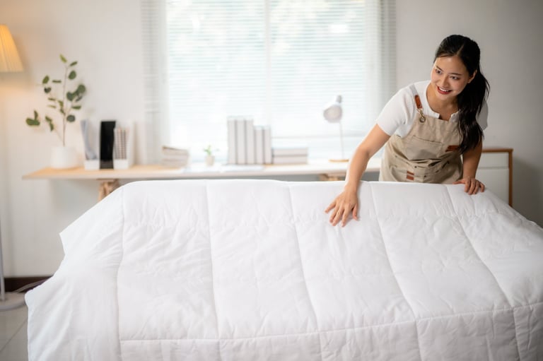 Cheerful hotel staff member spreading fresh white linens across spotless bed