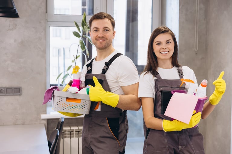 Professional cleaners with yellow gloves and cleaning products showing thumbs up