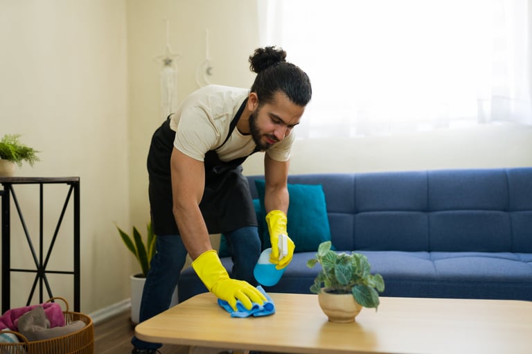 Male housekeeper wearing gloves and an apron diligently cleaning a coffee table in a cozy living room