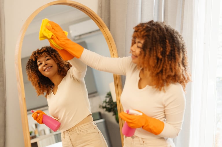 Professional cleaner wiping and detailing a modern bathroom