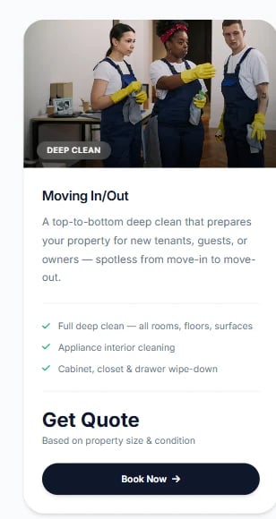 Three cleaning professionals in yellow gloves and blue aprons performing a deep clean service for moving in or out